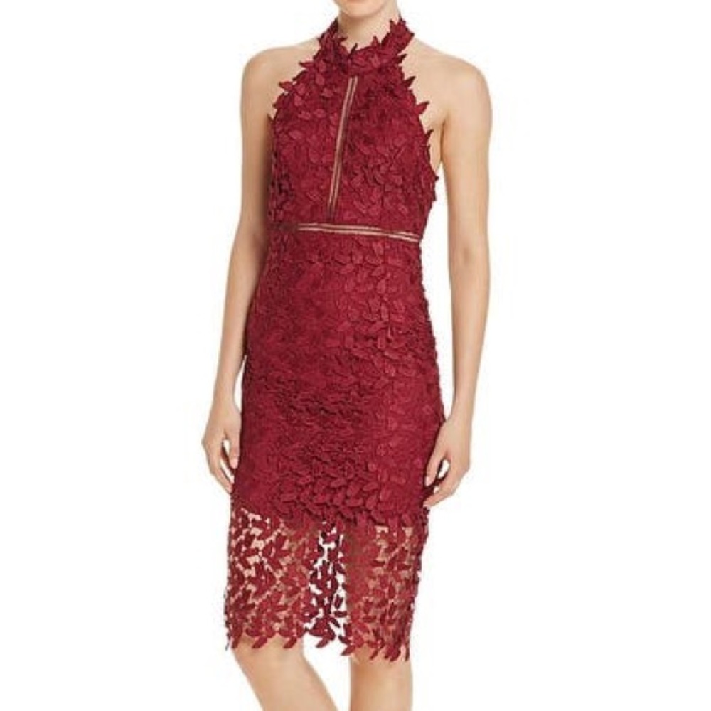 Burgundy Bardot Lace Halter Midi Dress